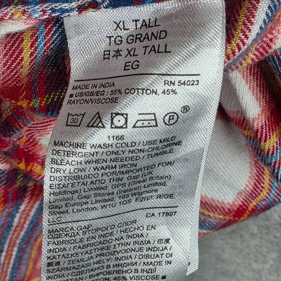 Womens Gap Red Multicolor Plaid Shirt Button Up Long Sleeve Rayon Blend XL Tall - Picture 3 of 7